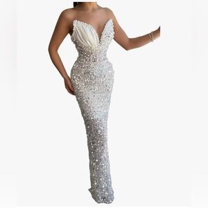 Elegant White & Silver Strapless Sparkly Sequin Gown - NEW